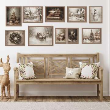 Whaline 10Pcs Christmas Vintage Wall Art Prints Retro Xmas Tree Santa Snowman Paper Posters Winter Rustic Picture Decoration For Party Gallery Living Room Office, Unframed