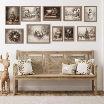 Whaline 10Pcs Christmas Vintage Wall Art Prints Retro Xmas Tree Santa Snowman Paper Posters Winter Rustic Picture Decoration For Party Gallery Living Room Office, Unframed