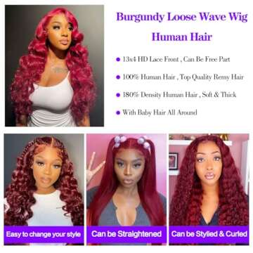 FASHION PLUS 99J Loose Wave Lace Front Wigs Human Hair Pre Plucked 200% Density 13x4 HD Transparent Burgundy Loose Deep Wave Full Frontal Human Hair Wigs for Black Women