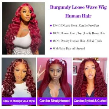 FASHION PLUS 99J Loose Wave Lace Front Wigs Human Hair Pre Plucked 200% Density 13x4 HD Transparent Burgundy Loose Deep Wave Full Frontal Human Hair Wigs for Black Women