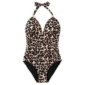 RXRXCOCO Women V Neck One Piece Swimsuits Tummy Control Ruched Swimwear Halter Bathing Suit Leopard ...