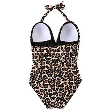 RXRXCOCO Women V Neck One Piece Swimsuits Tummy Control Ruched Swimwear Halter Bathing Suit Leopard X-large