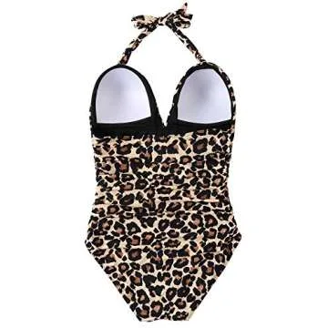 RXRXCOCO Women V Neck One Piece Swimsuits Tummy Control Ruched Swimwear Halter Bathing Suit Leopard X-large