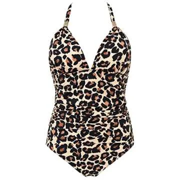 RXRXCOCO Women V Neck One Piece Swimsuits Tummy Control Ruched Swimwear Halter Bathing Suit Leopard X-large