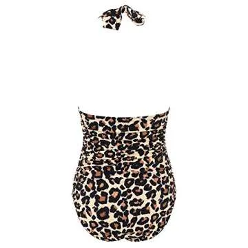 RXRXCOCO Women V Neck One Piece Swimsuits Tummy Control Ruched Swimwear Halter Bathing Suit Leopard X-large