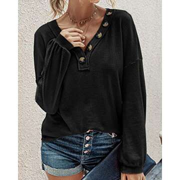 BTFBM Women Long Sleeve Shirts Fall Fashion 2025 V Neck Loose Casual Blouse Deco Button Lightweight Waffle Knit Pullover(Black, Small)