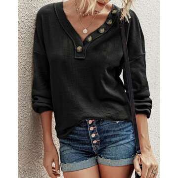 BTFBM Women Long Sleeve Shirts Fall Fashion 2025 V Neck Loose Casual Blouse Deco Button Lightweight Waffle Knit Pullover(Black, Small)