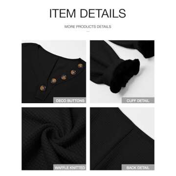 BTFBM Women Long Sleeve Shirts Fall Fashion 2025 V Neck Loose Casual Blouse Deco Button Lightweight Waffle Knit Pullover(Black, Small)