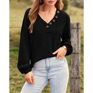 BTFBM Women Long Sleeve Shirts Fall Fashion 2025 V Neck Loose Casual Blouse Deco Button Lightweight Waffle Knit Pullover(Black, Small)
