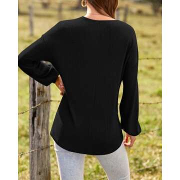BTFBM Women Long Sleeve Shirts Fall Fashion 2025 V Neck Loose Casual Blouse Deco Button Lightweight Waffle Knit Pullover(Black, Small)