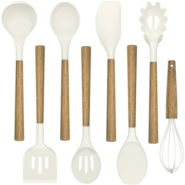 Non-Stick Silicone Kitchen Utensils Set with Natural Acacia Hard Wood Handle, Umite Chef 8 Pieces Ki...
