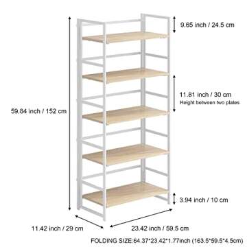 GHQME No-Assembly Folding Bookshelf Storage Shelves 5 Tiers Vintage Multifunctional Plant Flower Stand Storage Rack Shelves Bookcase for Home Office (White)