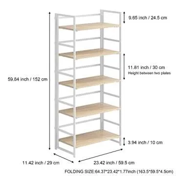 GHQME No-Assembly Folding Bookshelf Storage Shelves 5 Tiers Vintage Multifunctional Plant Flower Stand Storage Rack Shelves Bookcase for Home Office (White)
