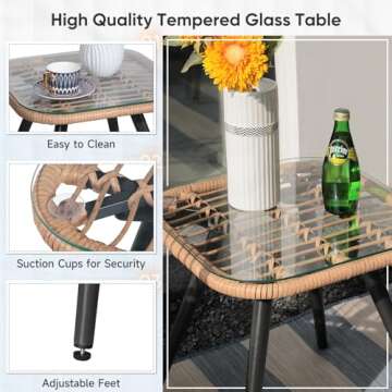 Verano Garden 3 Piece Patio Bistro Set, Outdoor Wicker Conversation Chair Sets Balcony Furniture,Coffee Table with Glass Top, Cushions & Lumbar Pillows for Porch, Backyard, Deck, Poolside