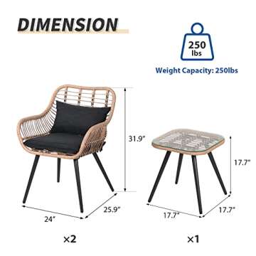 Verano Garden 3 Piece Patio Bistro Set, Outdoor Wicker Conversation Chair Sets Balcony Furniture,Coffee Table with Glass Top, Cushions & Lumbar Pillows for Porch, Backyard, Deck, Poolside