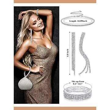 MTLEE Women Clutch Rhinestone Jewelry Set 4 Pieces Bridal Wedding Choker Bracelet Dangle Earrings Triangle Bling Glitter Purse for Party (Silver)