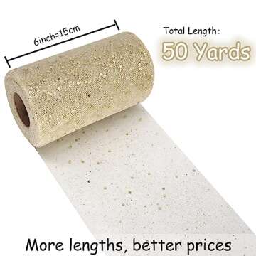 Glitter Tulle Fabric Rolls 6 Inch 50 Yards (150FT) Sequin Sparkling Ribbon Spool Netting for Wedding, Tutu Skirt, Gift Wrapping, Party Decoration (Ivory)