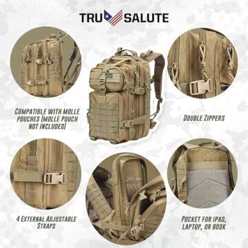 Tru Salute 45L Military Tactical Backpack Large Army 3 Day Assault Pack Molle Bugout Bag Rucksack (Tan)