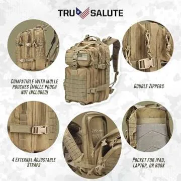 Tru Salute 45L Military Tactical Backpack Large Army 3 Day Assault Pack Molle Bugout Bag Rucksack (Tan)