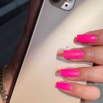 Hot Pink Press On Nails Medium Long Square, Xcreando Medium Coffin Nails Acrylic Nails Press ons Glue on Nails Medium Length, Solid Color Fake Nails for Women, Natural Thick Artificial Nails Stick on