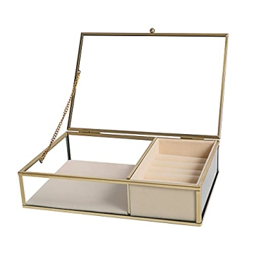 Ylu Yni Glass Jewelry Box Gold Frame Velvet Tray Organizer