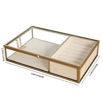 Ylu Yni Glass Jewelry Box Gold Frame Velvet Tray Organizer