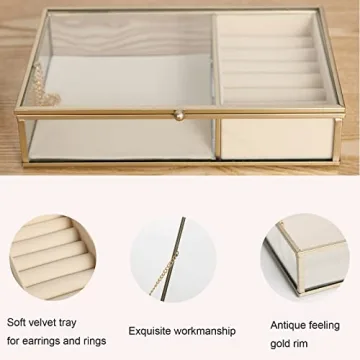 Ylu Yni Glass Jewelry Box Gold Frame Velvet Tray Organizer