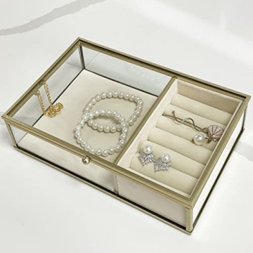 Ylu Yni Glass Jewelry Box Gold Frame Velvet Tray Organizer