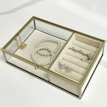 Ylu Yni Glass Jewelry Box Gold Frame Velvet Tray Organizer