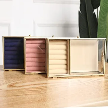 Ylu Yni Glass Jewelry Box Gold Frame Velvet Tray Organizer