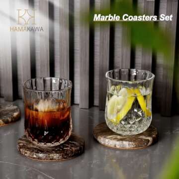 HAMAKAWA Marble Coasters Set of 4, Natural Gray Stone Coasters 4 Inch, Modern Round Travertine Drink...