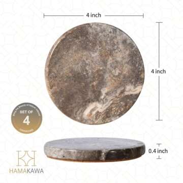 HAMAKAWA Marble Coasters Set of 4, Natural Gray Stone Coasters 4 Inch, Modern Round Travertine Drink Coasters for Home Decor, Coffee Table, Office