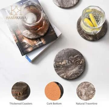 HAMAKAWA Marble Coasters Set of 4, Natural Gray Stone Coasters 4 Inch, Modern Round Travertine Drink Coasters for Home Decor, Coffee Table, Office