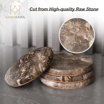 HAMAKAWA Marble Coasters Set of 4, Natural Gray Stone Coasters 4 Inch, Modern Round Travertine Drink Coasters for Home Decor, Coffee Table, Office