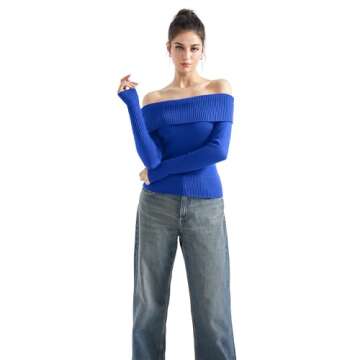 SUUKSESS Women Off Shoulder Sweater Long Sleeve Ribbed Knit Pullover Sweater Tops Going Out Fall Shi...