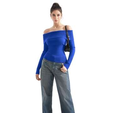 SUUKSESS Women Off Shoulder Sweater Long Sleeve Ribbed Knit Pullover Sweater Tops Going Out Fall Shirt (Sapphire, S)