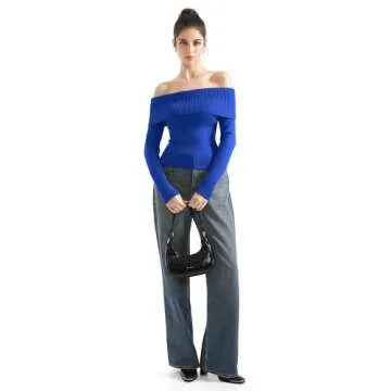 SUUKSESS Women Off Shoulder Sweater Long Sleeve Ribbed Knit Pullover Sweater Tops Going Out Fall Shirt (Sapphire, S)