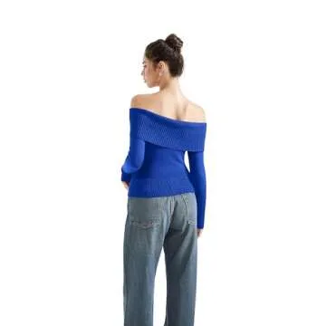 SUUKSESS Women Off Shoulder Sweater Long Sleeve Ribbed Knit Pullover Sweater Tops Going Out Fall Shirt (Sapphire, S)