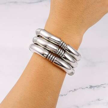 3pcs Silver Chunky Bangles Bracelets For Women Stack Layered Curved Bamboo Tube Stretch Bracelets Gift Jewelry