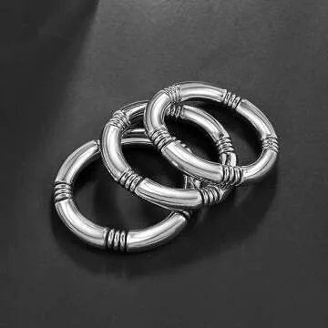 3pcs Silver Chunky Bangles Bracelets For Women Stack Layered Curved Bamboo Tube Stretch Bracelets Gift Jewelry