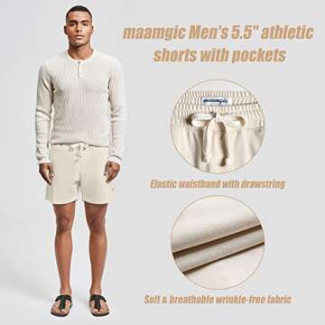 maamgic Mens Athletic Gym Shorts 5.5" Elastic Waist Casual Pajama Pocket Jogger Men Workout Short Pants Ivory X-Large