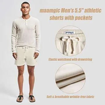 maamgic Mens Athletic Gym Shorts 5.5" Elastic Waist Casual Pajama Pocket Jogger Men Workout Short Pants Ivory X-Large