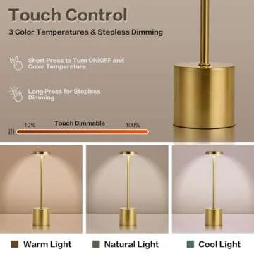 MASUPER Cordless Table Lamps, Rechargeable Lamps, Touch Control, 3 Color Temperature, Stepless Dimmable, LED Portable Wireless Lamp, Battery Operated Lamp (Gold-1)