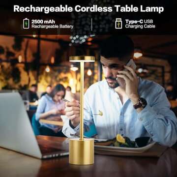MASUPER Cordless Table Lamps, Rechargeable Lamps, Touch Control, 3 Color Temperature, Stepless Dimmable, LED Portable Wireless Lamp, Battery Operated Lamp (Gold-1)