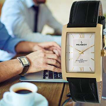 Peugeot Men's Rectangular Textured Roman Numeral Dial Classic Dress Wrist Watch with Leather Strap B...