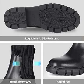 Athlefit Women's Black Chelsea Boots Fall Platform Ankle Boots Slip on Chunky Lug Sole Boots