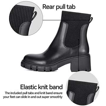 Athlefit Women's Black Chelsea Boots Fall Platform Ankle Boots Slip on Chunky Lug Sole Boots