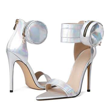 Zamikoo Women's Heeled Sandals, Ankle Strap Open Toe Heels, Pointy Toe Stiletto High Heels with Side Pouch 4.7 Inches Metallic Silver Heels Zip Closure US Size 7