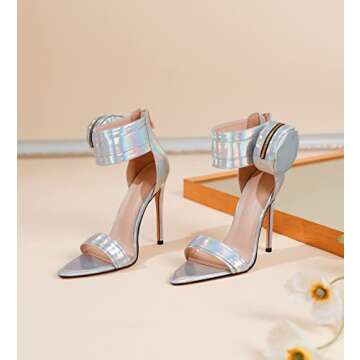 Zamikoo Women's Heeled Sandals, Ankle Strap Open Toe Heels, Pointy Toe Stiletto High Heels with Side Pouch 4.7 Inches Metallic Silver Heels Zip Closure US Size 7