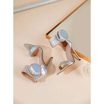 Zamikoo Women's Heeled Sandals, Ankle Strap Open Toe Heels, Pointy Toe Stiletto High Heels with Side Pouch 4.7 Inches Metallic Silver Heels Zip Closure US Size 7